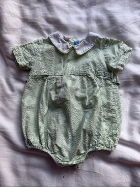 Monday's Child Green & White Striped Baby Romper with White Collar